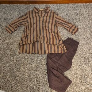 Striped Brown and Tan Top with Brown Pants